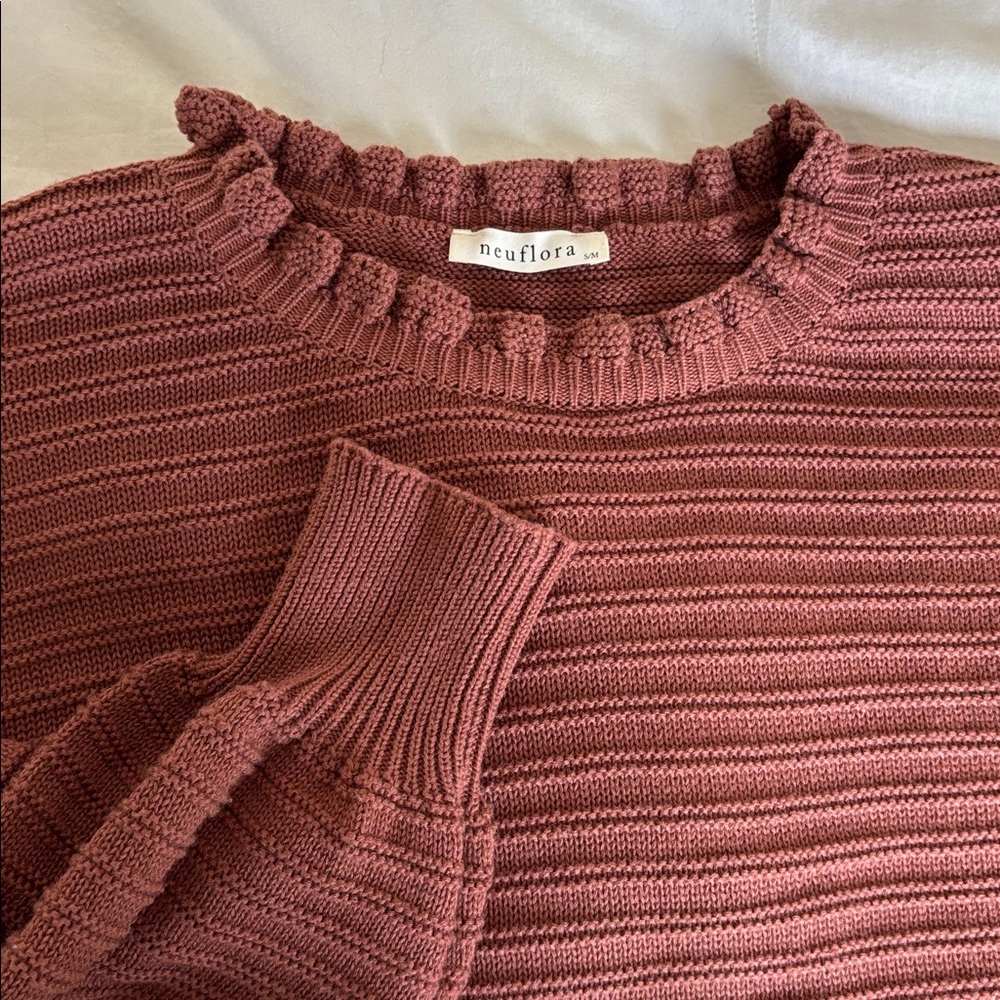 Ribbed Ruffle Neck Sweater - Rust - Picture 3 of 6